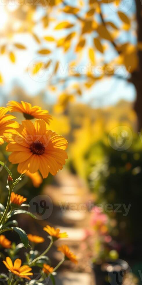Beautiful yellow flowers bloom in a vibrant garden during a sunny autumn afternoon with mixed foliage photo