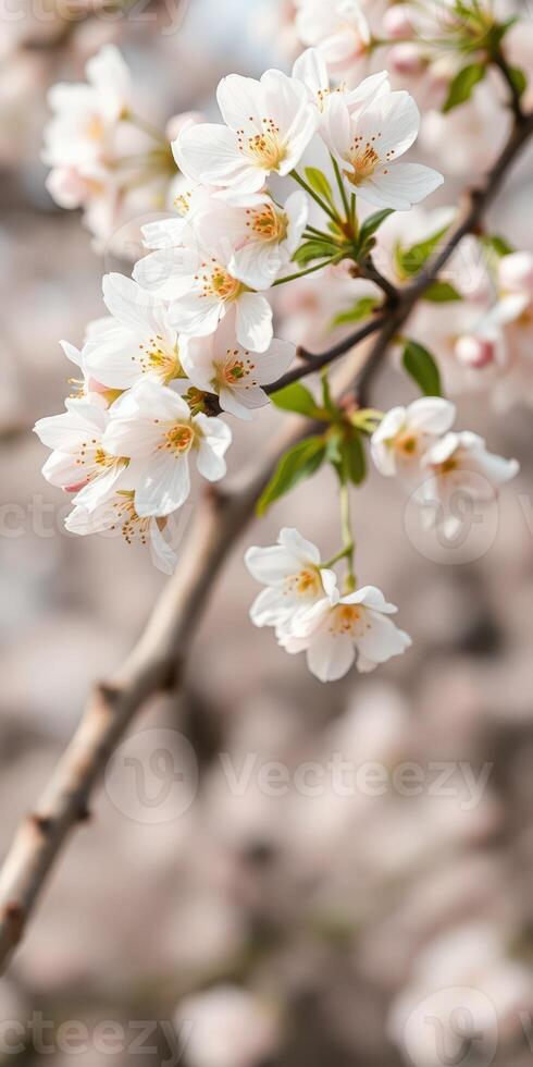Cherry blossom flowers bloom on a branch in early spring sunlight creating a serene atmosphere in a park photo