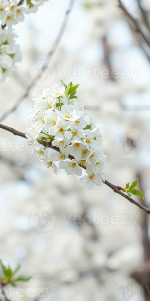 White cherry blossoms bloom on branches during spring in a serene outdoor setting surrounded by nature photo
