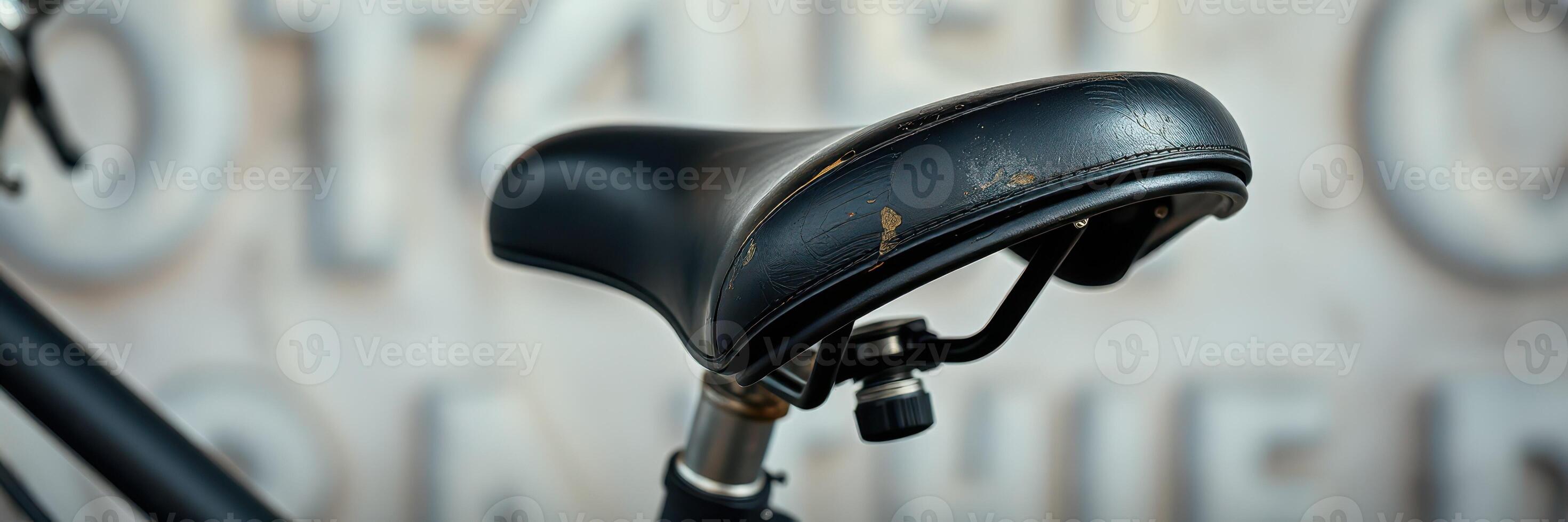 Close-up view of a modern bicycle saddle against a textured background in an urban environment photo
