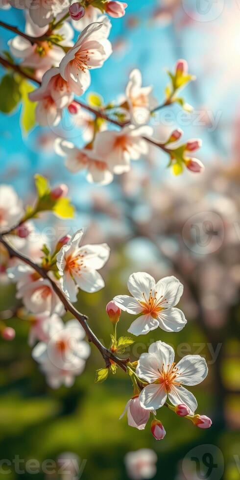 Cherry blossom branches bloom under a bright spring sky in a tranquil park setting photo