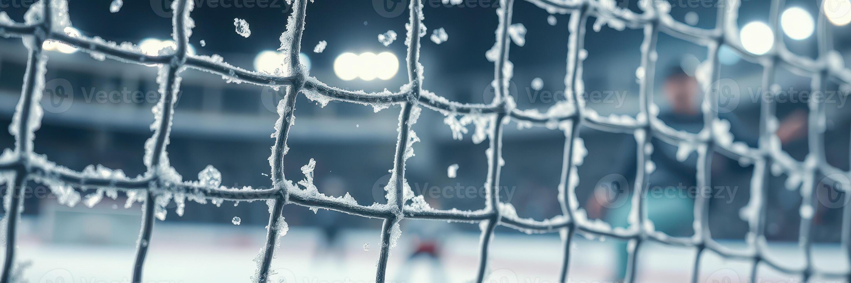 Fresh snowflakes cover a hockey net during a night match in a chilly arena photo