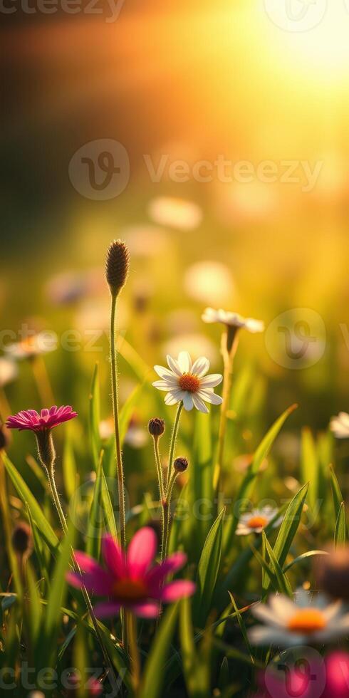 Close-up view of wildflowers blooming in a sunny meadow during golden hour photo