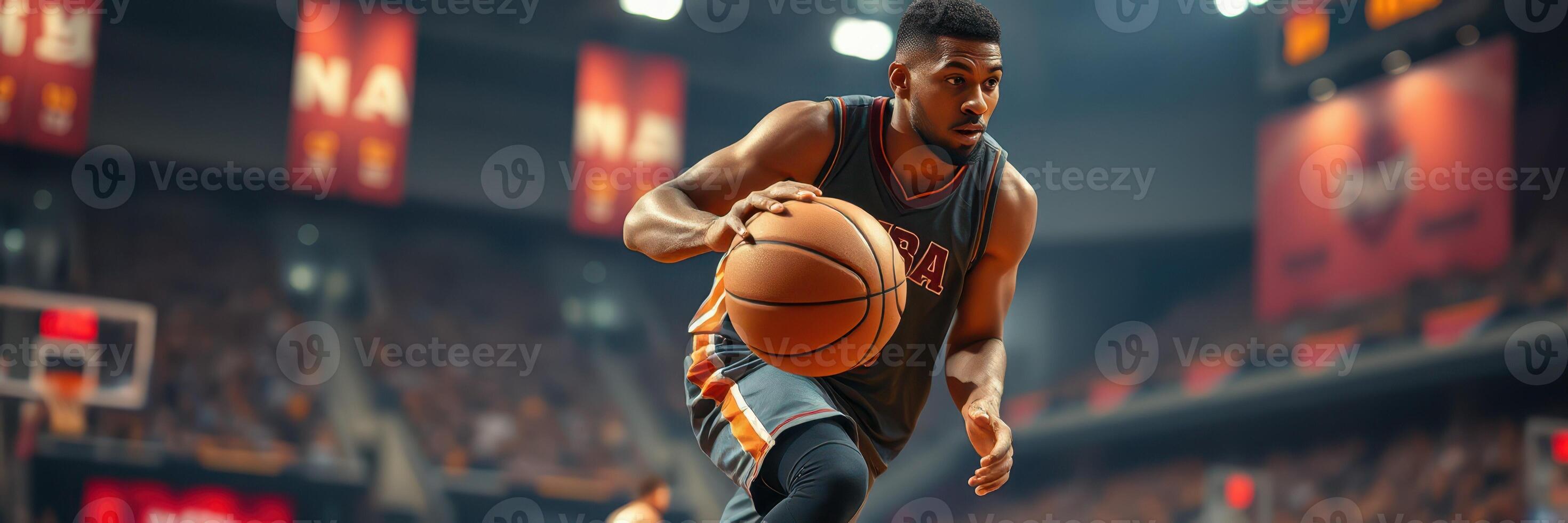 Professional basketball player dribbling the ball during an intense game in a packed arena photo