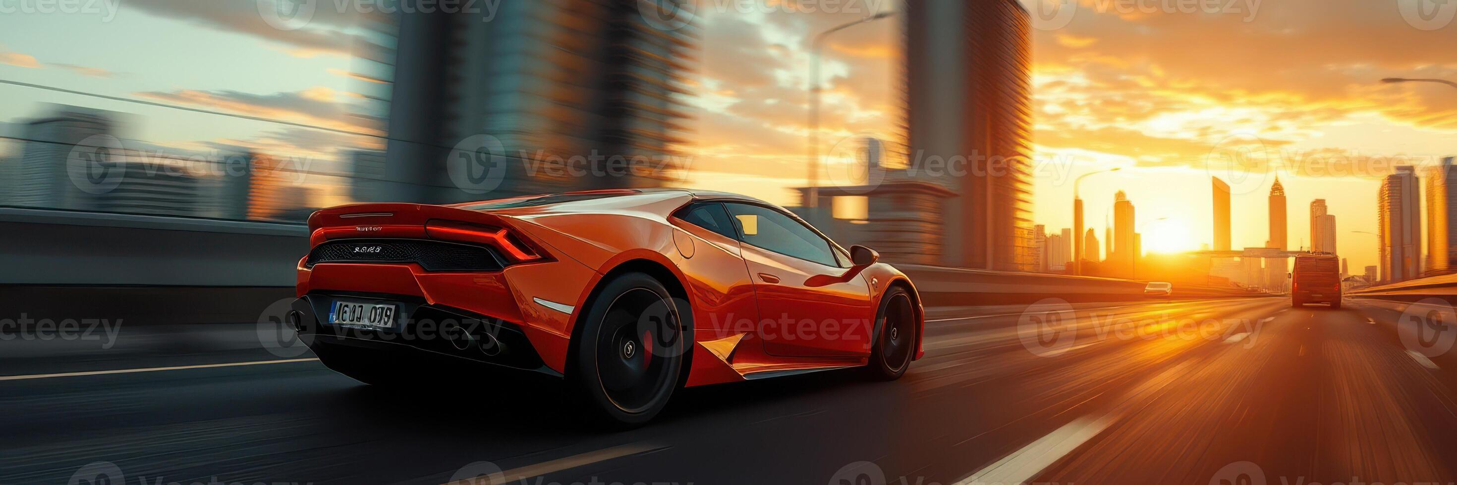 Luxurious sports car accelerates on a city highway during sunset hours in a vibrant urban landscape photo