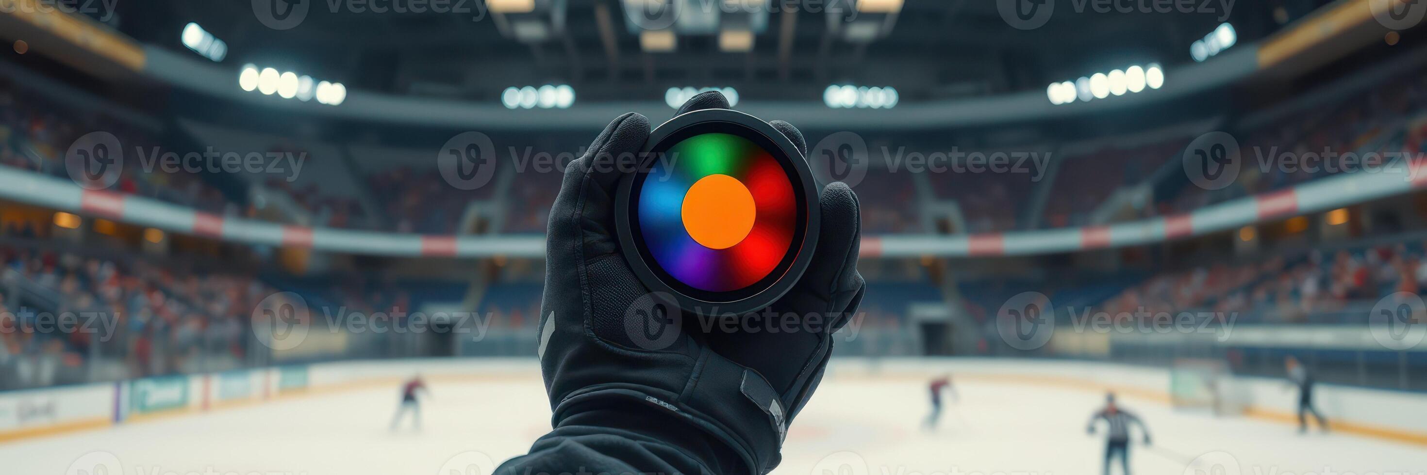 Hand holding a colorful lens at an ice rink during a hockey practice session in a large indoor arena photo
