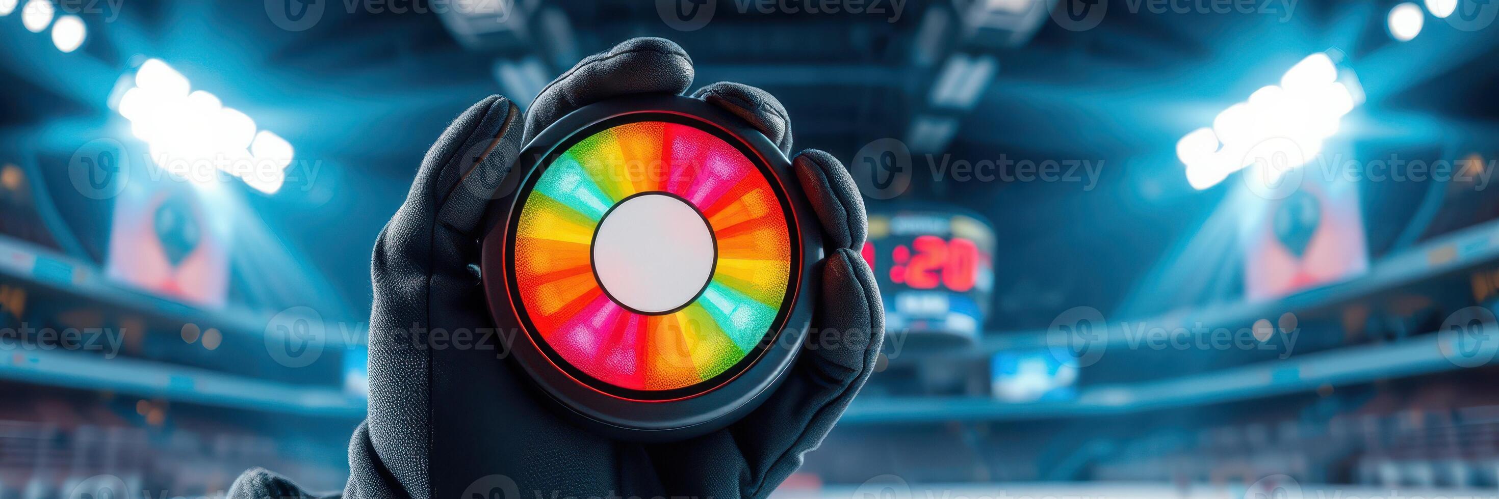 Colorful hockey puck held up against the bright arena lights during an exciting game night photo