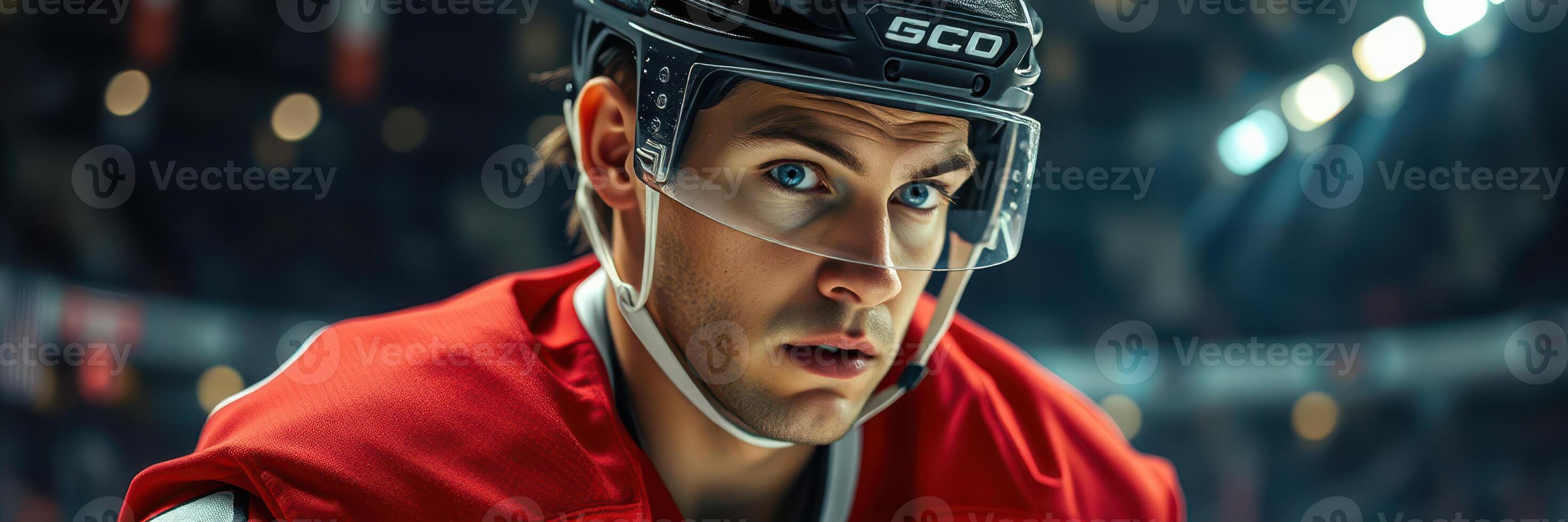 Competitive ice hockey player focused on the game during an intense match at an arena photo