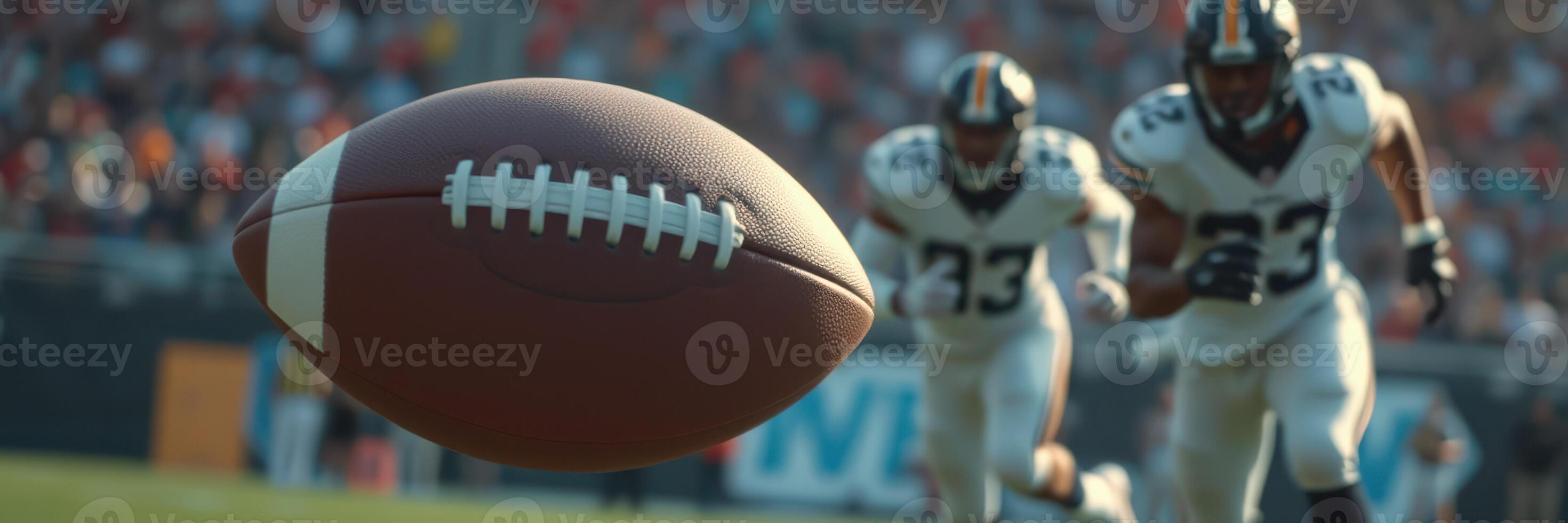 Dynamic football action captured during a competitive game at a bustling stadium in the late afternoon light photo