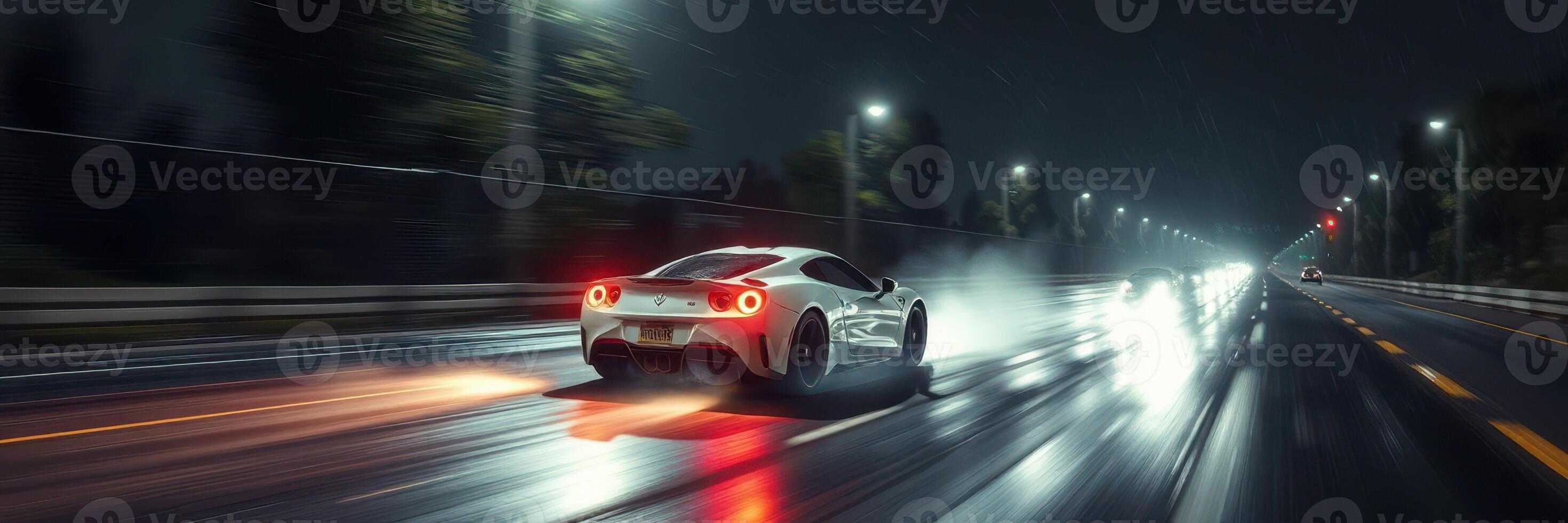 Sports car speeds down wet highway at night with striking headlights illuminating the dark road photo