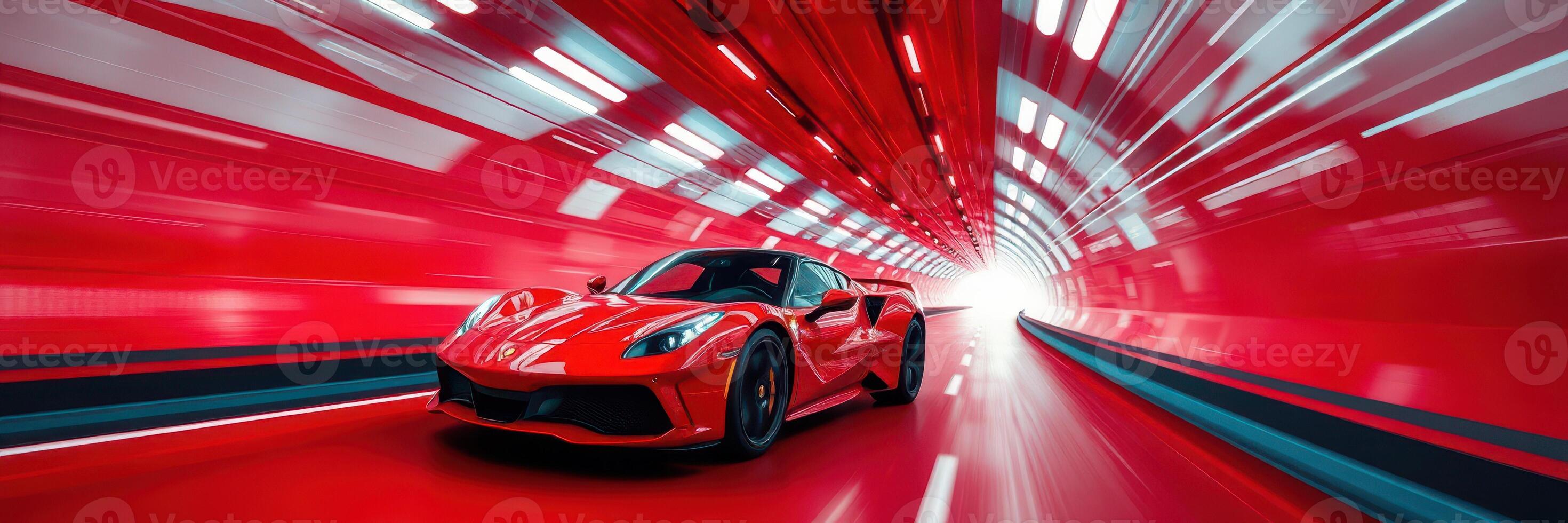 Fast sports car racing through a vibrant red tunnel in a modern urban environment showing speed and luxury photo