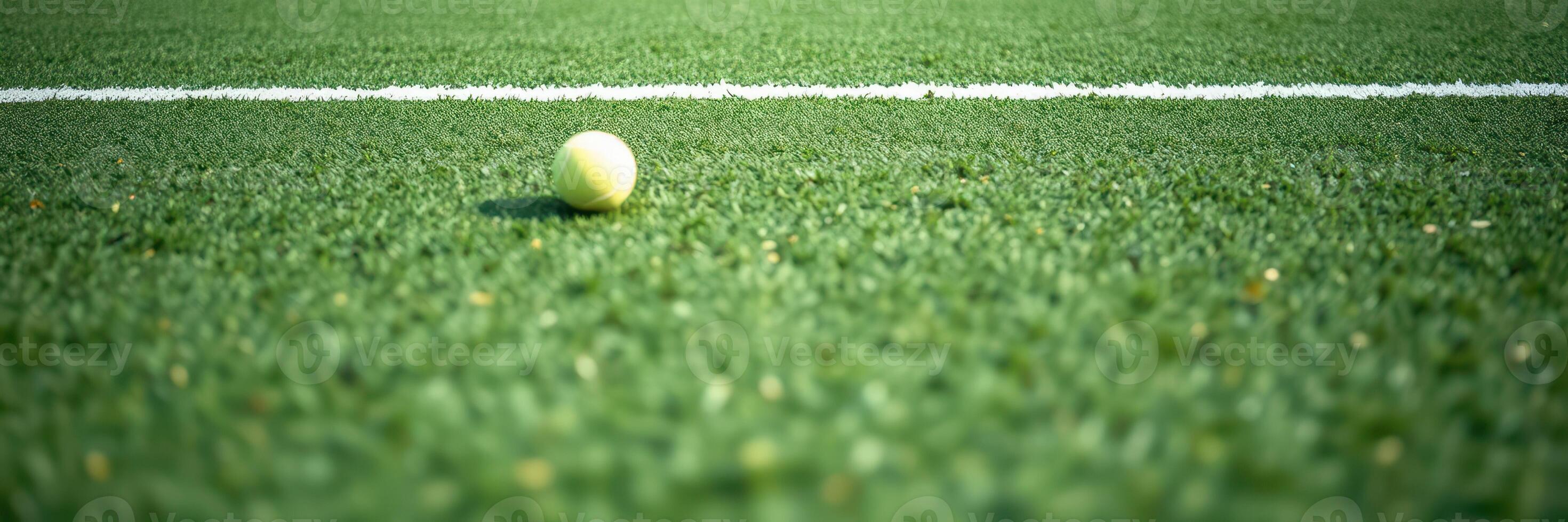Tennis ball rolls on green artificial turf during a daytime match in a local sports complex photo