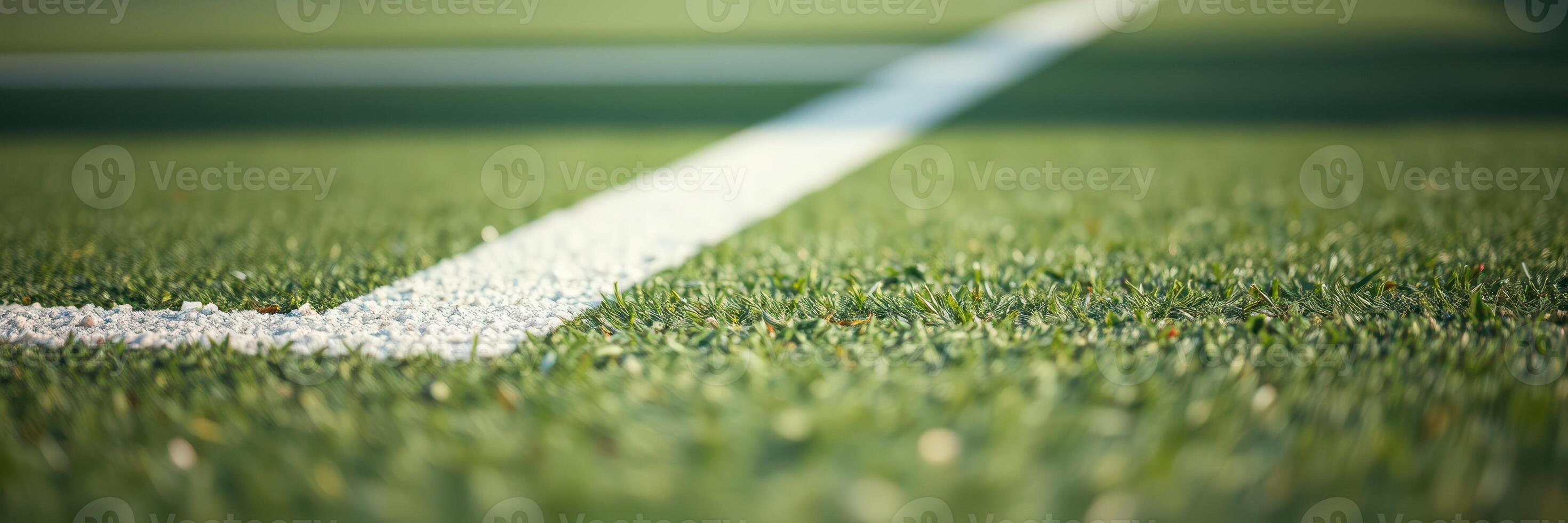Close-up view of a green artificial turf field showing white marking lines during a sunny day photo