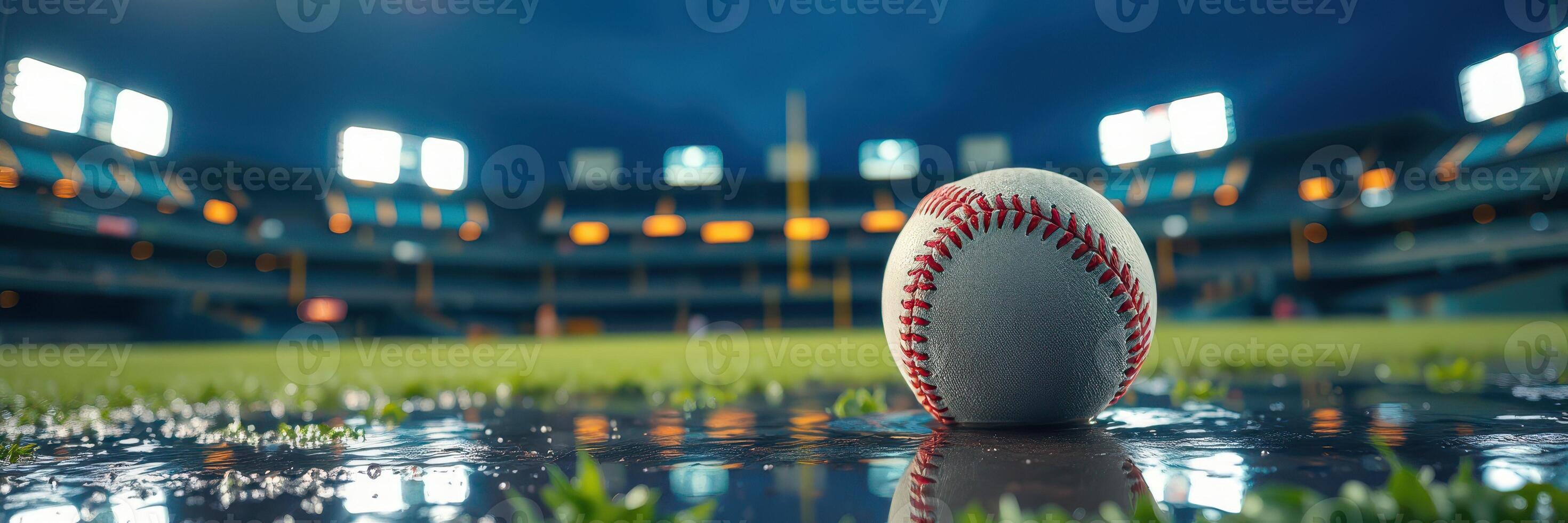 Baseball resting on a wet field with stadium lights glowing at dusk before a game photo