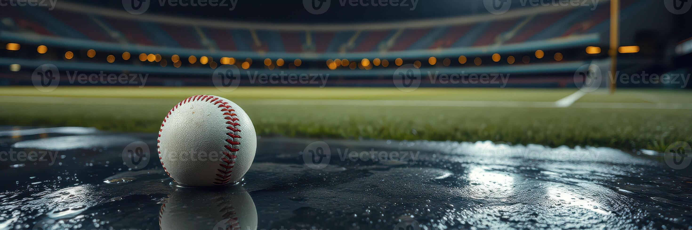 Baseball rests on wet ground in an empty stadium during twilight hours, evoking a sense of anticipation and nostalgia photo