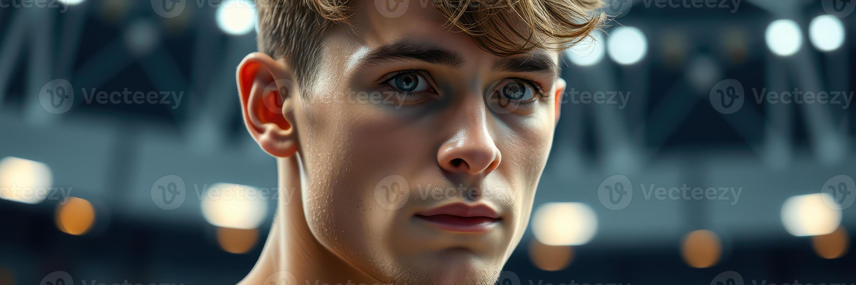 Focused athlete preparing for competition in a modern sports arena under bright lights photo