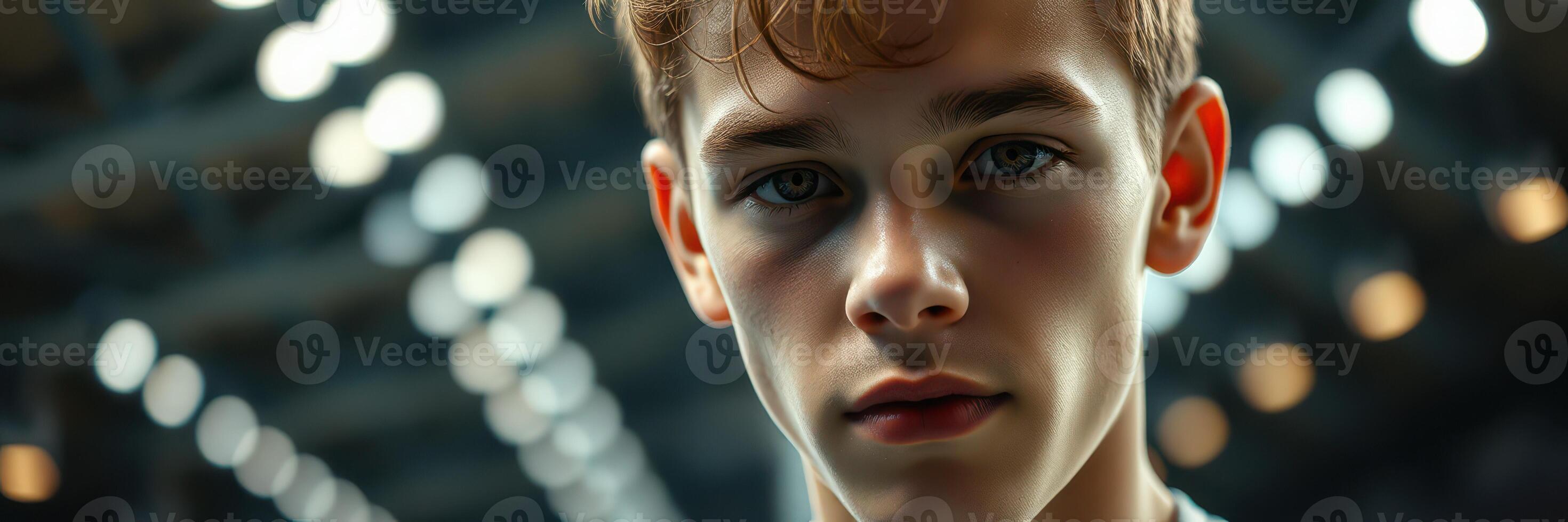 Young male with styled hair gazing intensely under bright lights in an indoor setting during the evening photo