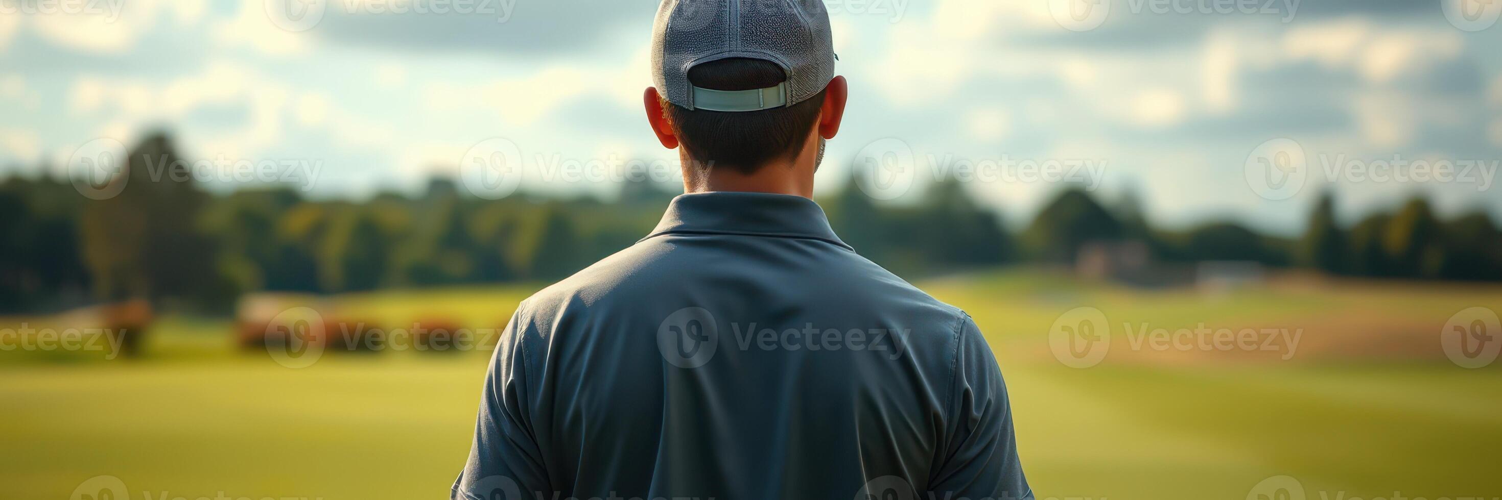 Golfer prepares for swing on a sunny day at the local course surrounded by lush greenery photo