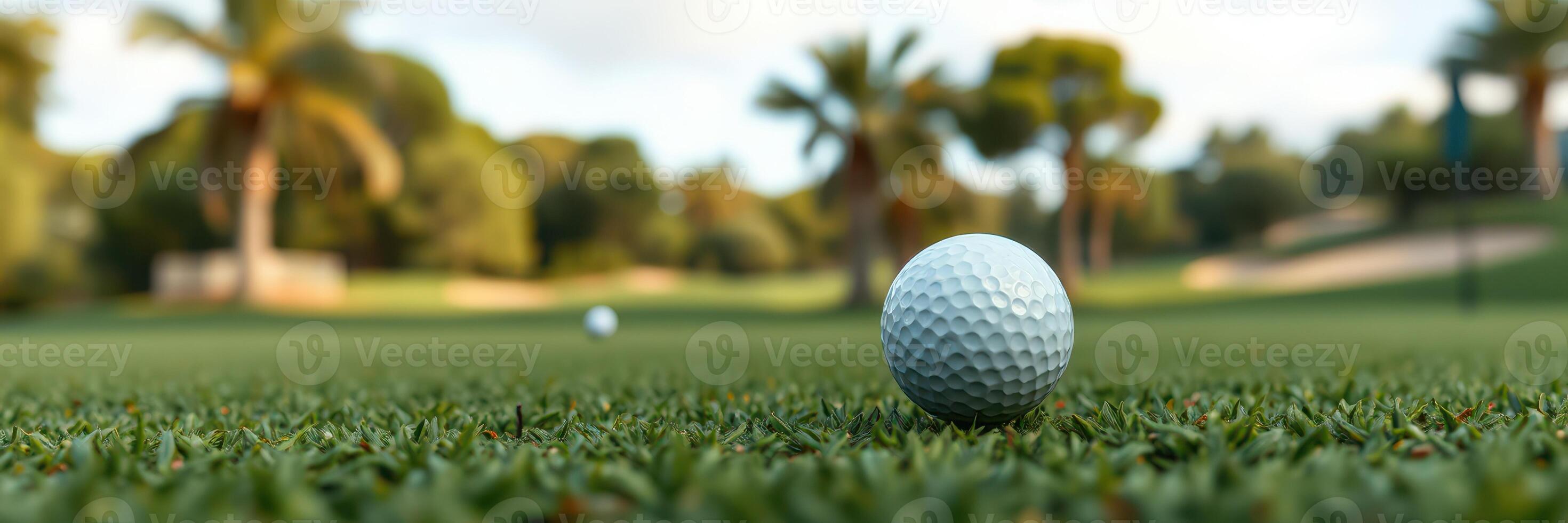 Golf ball resting on green grass with palm trees in the background at a sunny day in a coastal golf course photo