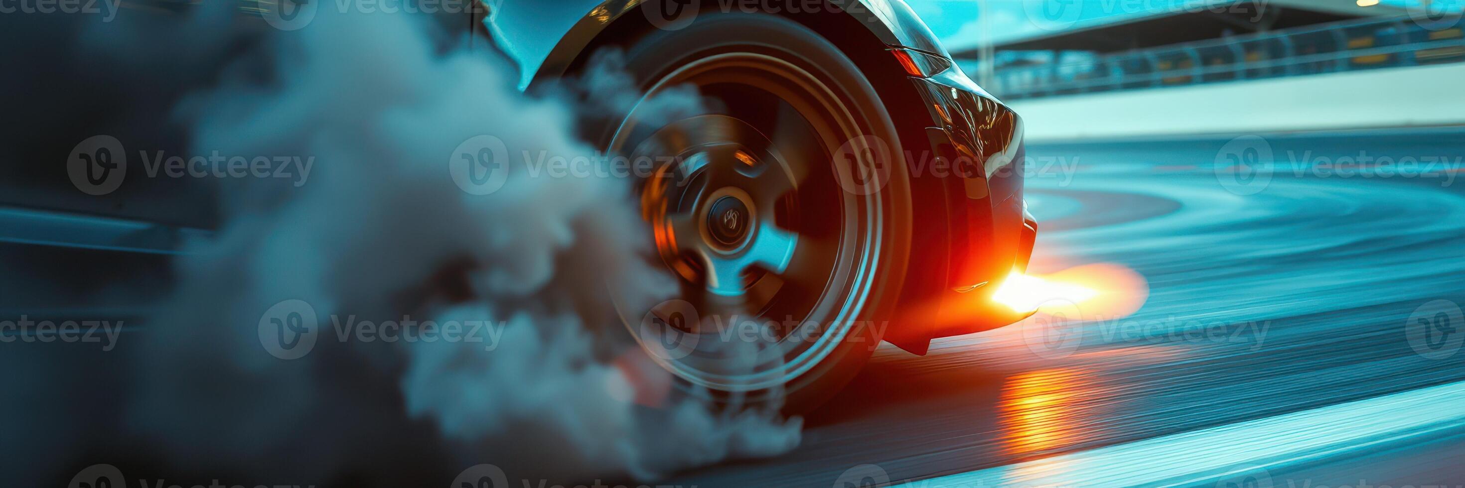 High-speed drifting on a racetrack with smoke and sparks at sunset photo