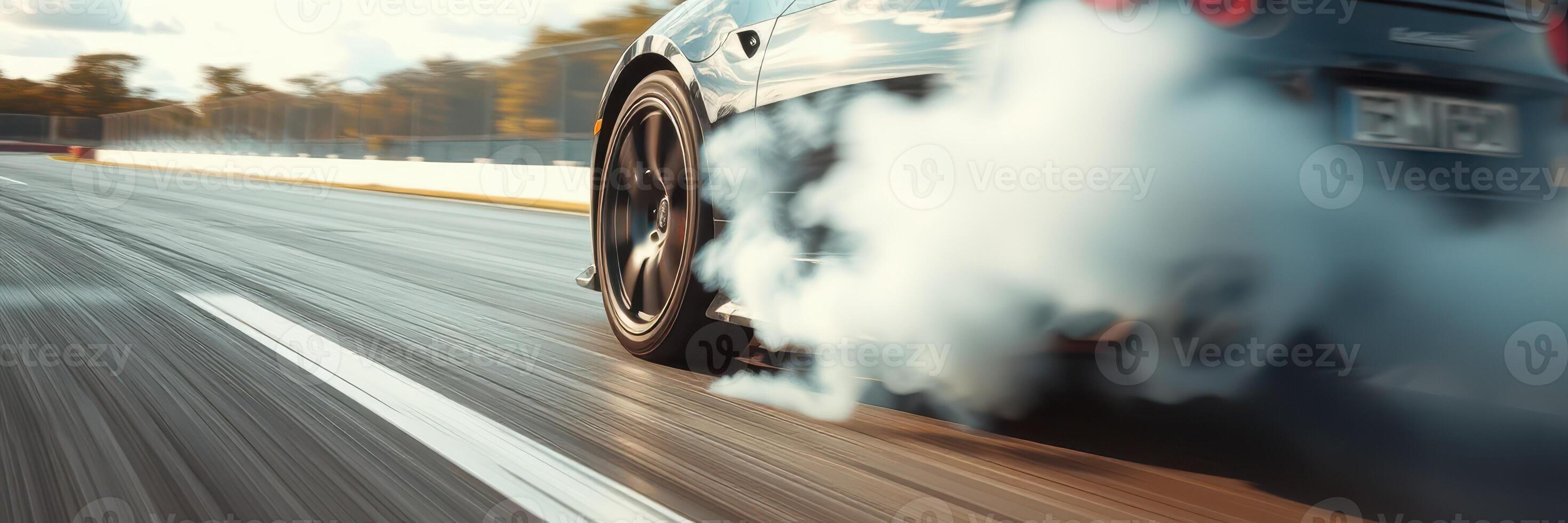 High-speed car drifting on a racetrack with smoke billowing from tires during sunset photo