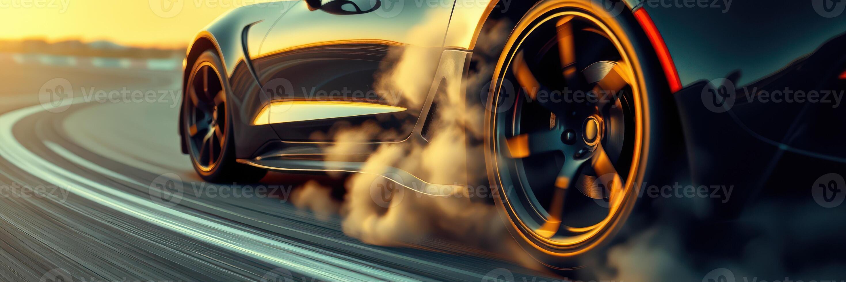 Powerful sports car drifting on a winding road at sunset, creating tire smoke and showcasing speed and control photo