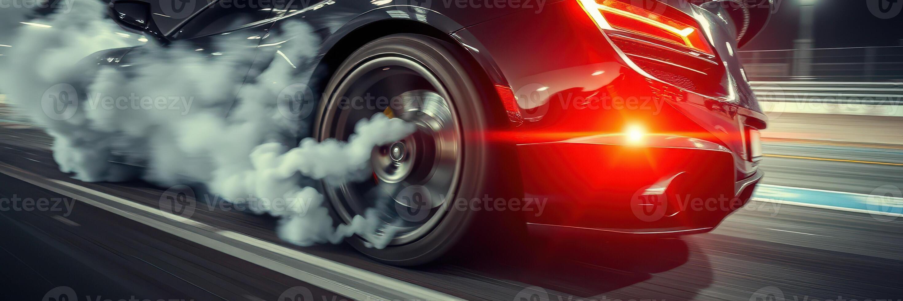 High-speed racing action on the track with a powerful car leaving tire smoke behind at night photo