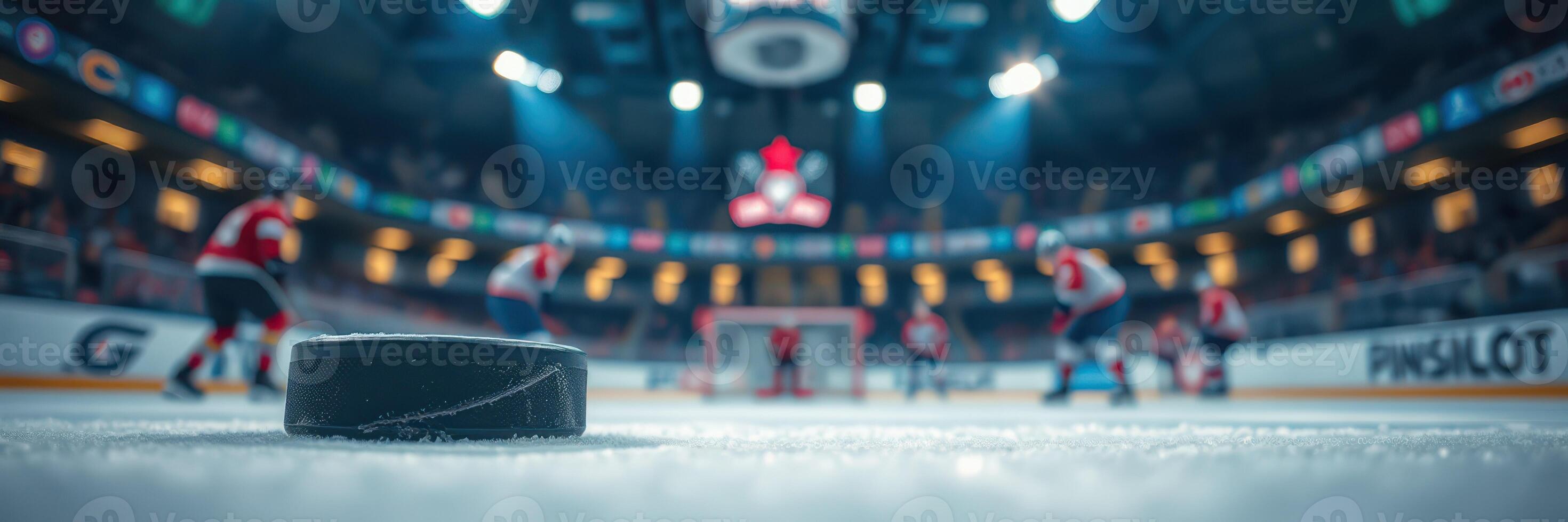 Excitement builds as players compete in a high-stakes hockey match at the ice rink during a thrilling game night photo