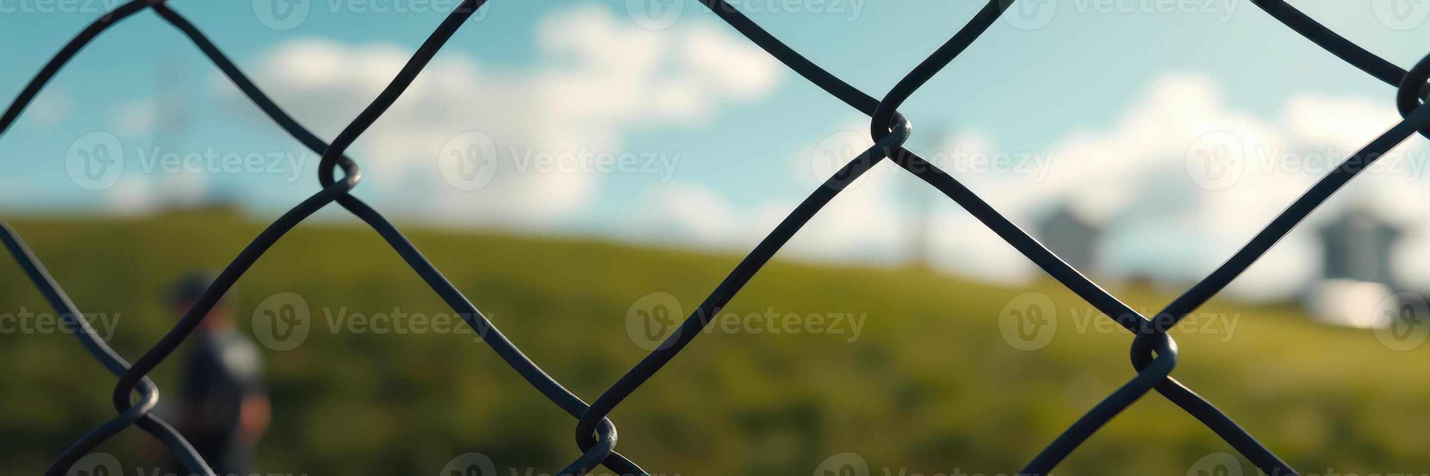 View through a chain-link fence of a landscape and a person walking in the distance on a sunny day photo