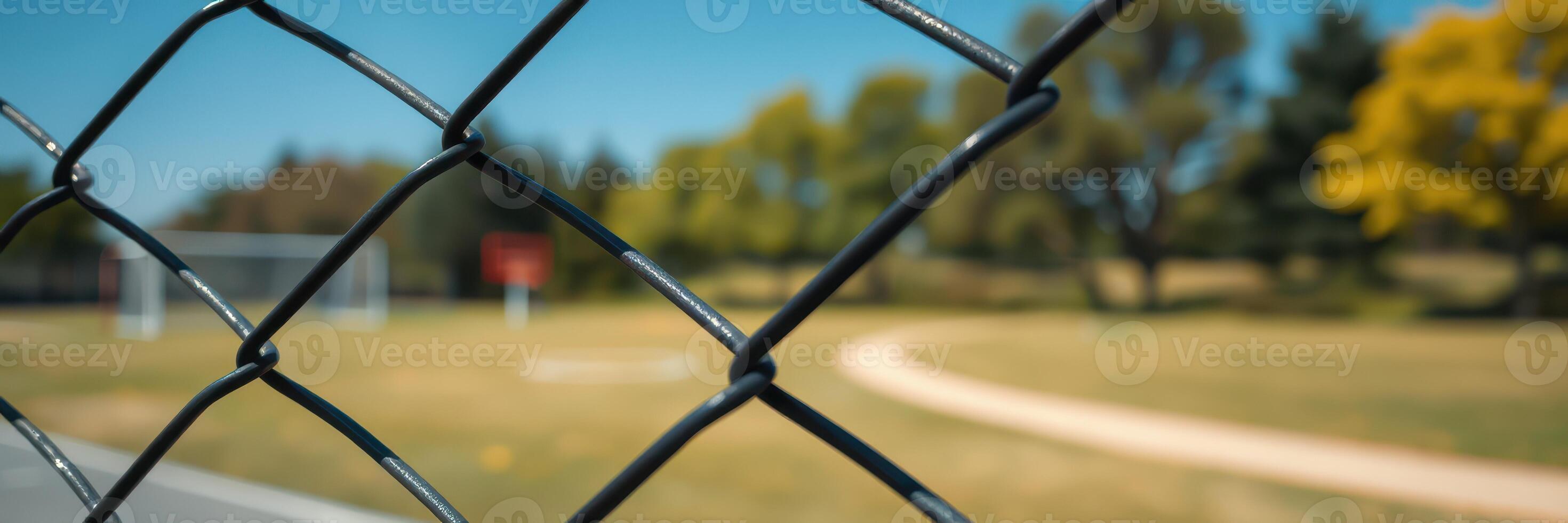 Colorful park with chain link fence and pathway under bright blue sky on a sunny day photo