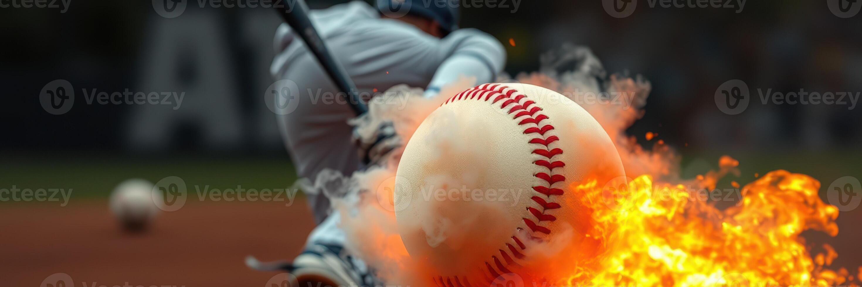 Explosive moment captured as baseball is struck with intense energy during a game at dusk photo