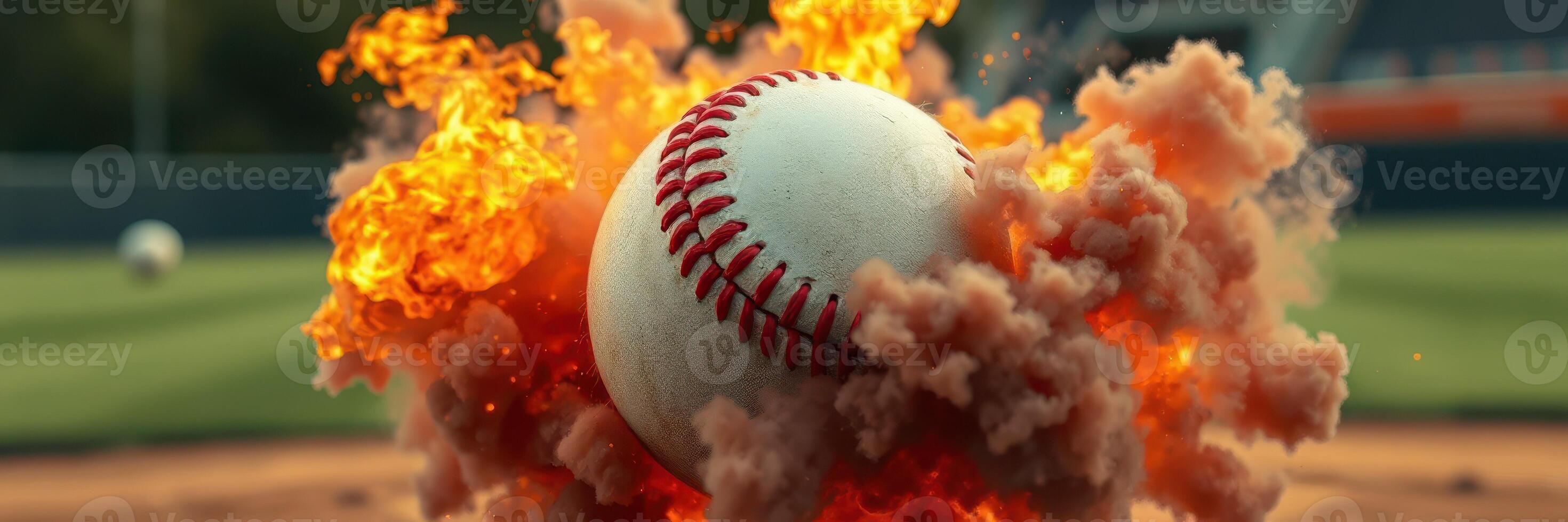 Baseball explodes with vibrant colors during a dynamic play on the field at sunset in a local sports stadium photo