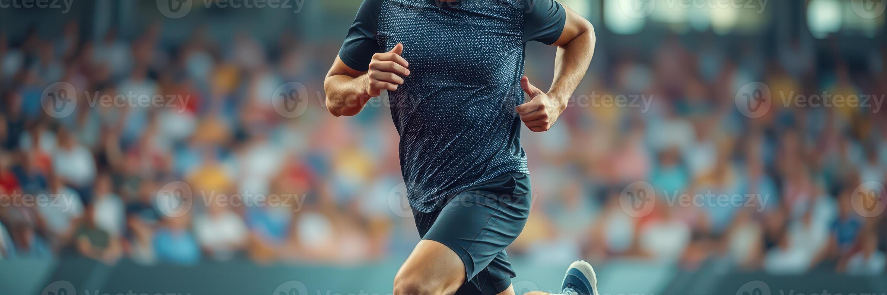 Competitive athlete sprinting on track during a major sports event in a vibrant stadium filled with cheering fans photo