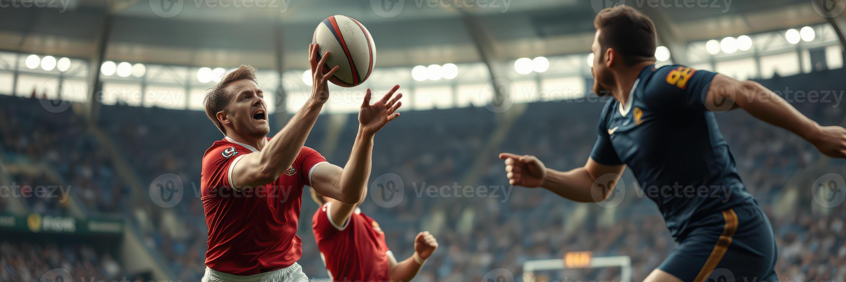 Exciting rugby match in a packed stadium with players competing for the ball during an intense moment of the game photo