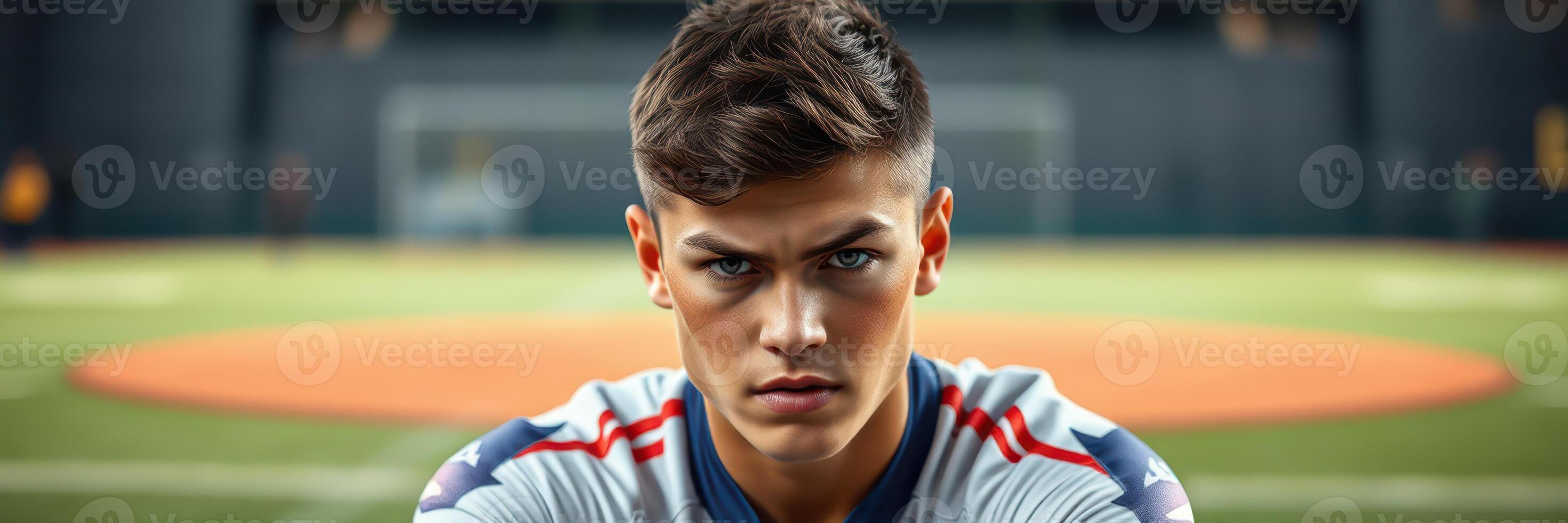 Intense young athlete focused on the game during training on a baseball field in the evening light photo