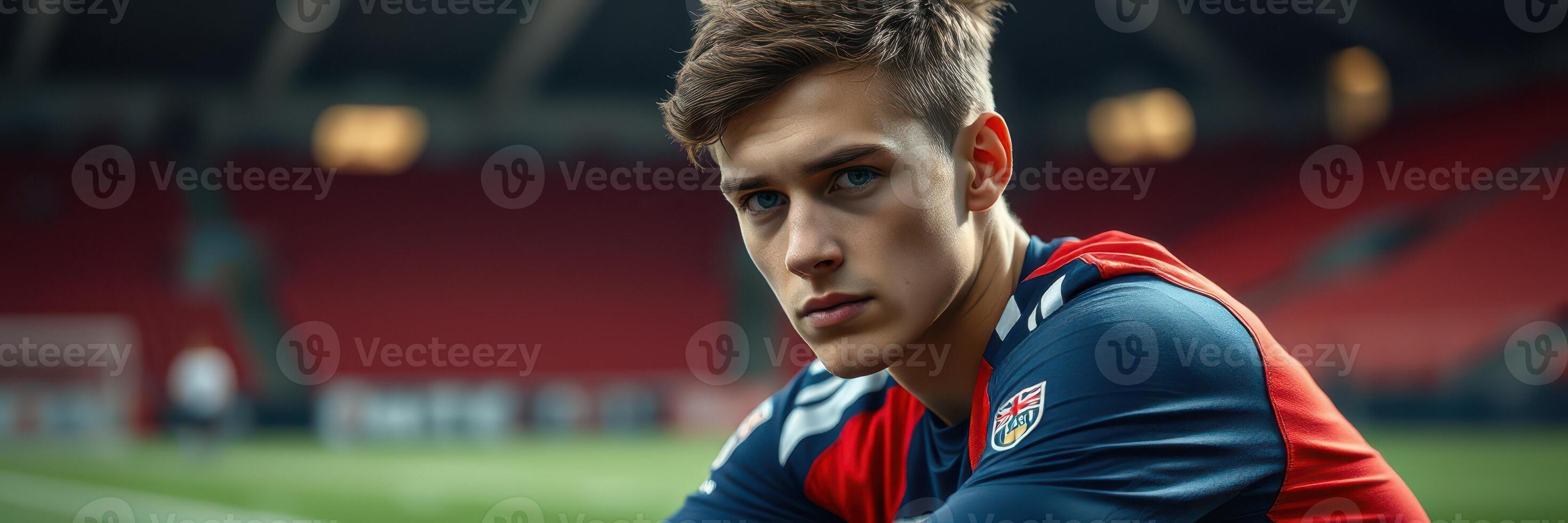 Young athlete resting on the field during a training session at a sports stadium in the afternoon photo