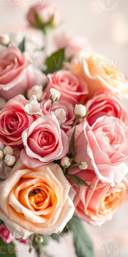 Elegant floral arrangement featuring pink and peach roses with delicate white accents in a soft background setting photo