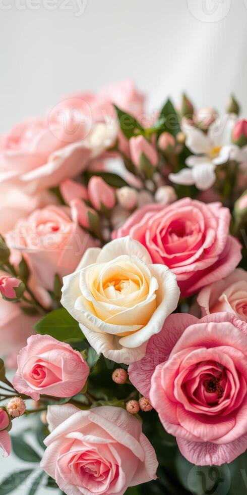 Beautiful arrangement of pink and yellow roses in a soft background featuring delicate buds and greenery photo