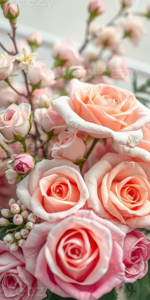 Beautiful arrangement of pink roses with delicate buds displayed in a bright setting showcasing floral elegance photo