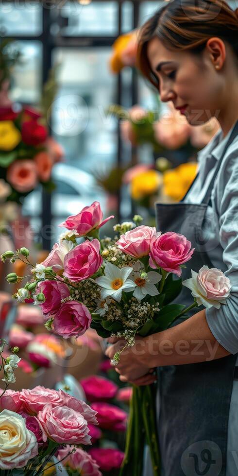 Florist arranging vibrant bouquets in a bustling flower shop during a sunny afternoon photo
