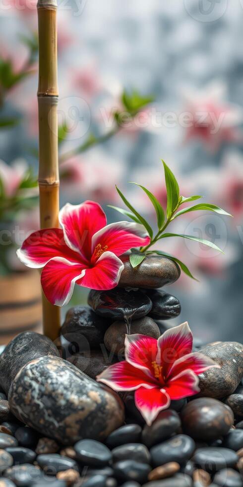 Harmony of vibrant flowers and smooth stones in a serene garden setting photo