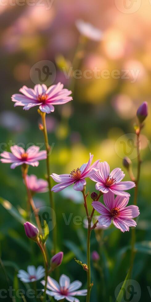 Beautiful pink flowers blooming in a serene garden during golden hour sunshine photo