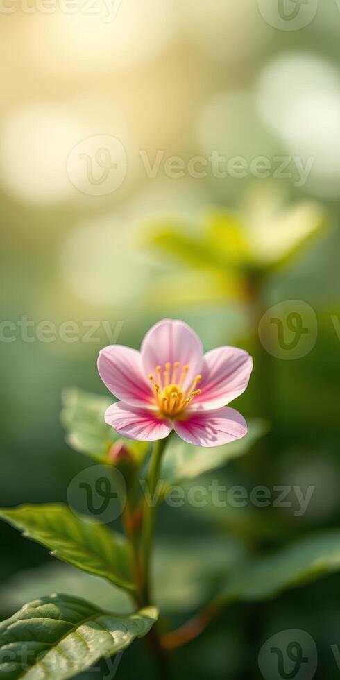 Pink flower blooms softly in a green garden during golden hour lighting photo