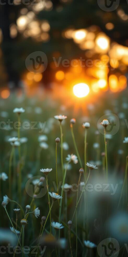 Sunset over a meadow filled with white flowers in a tranquil evening setting photo