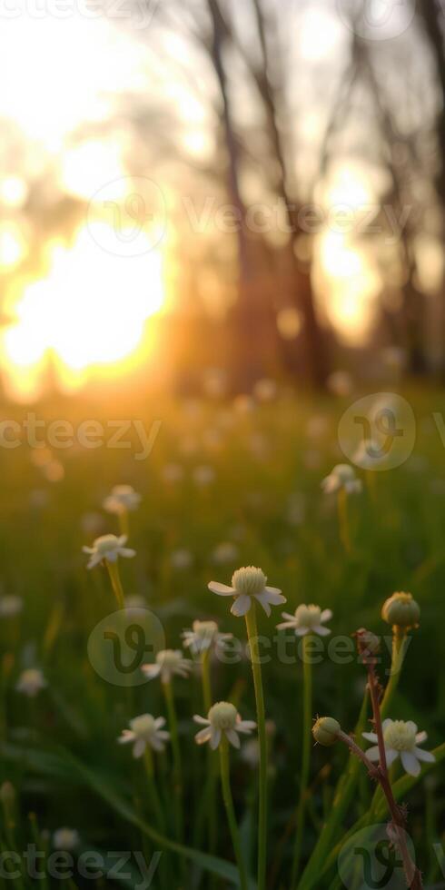 Beautiful sunlight illuminating a field of white flowers in a peaceful setting photo
