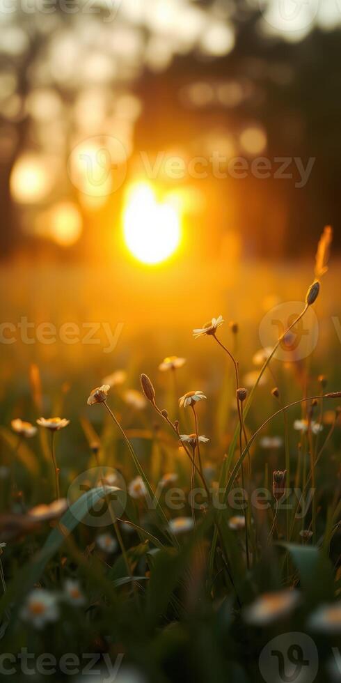 Golden sunset casts warm glow over delicate wildflowers in a tranquil meadow photo