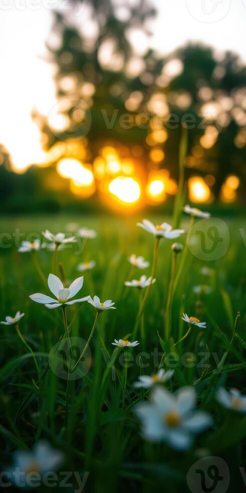 White flowers bloom in a vibrant sunset at a serene park during a warm evening photo