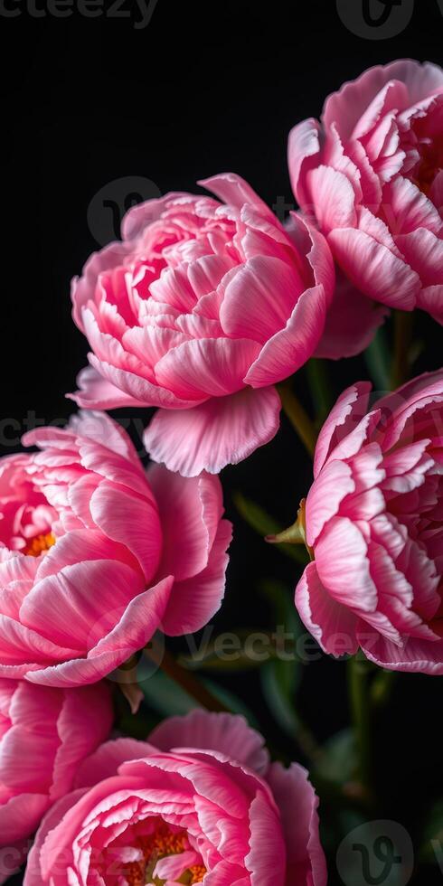 Bright pink peonies bloom beautifully against a dark background in this elegant close-up capture of nature's artistry photo