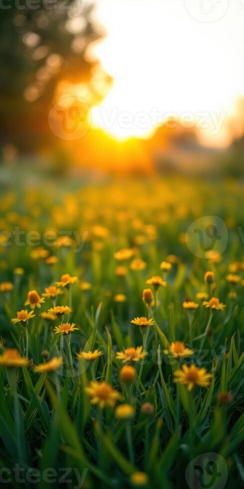 Bright yellow flowers bloom in a field at sunset, creating a serene atmosphere in nature's beauty photo