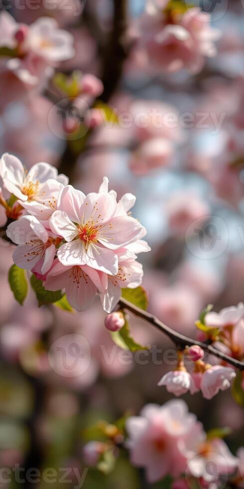 Blossoming cherry tree branches display delicate pink flowers amidst a soft background in spring photo